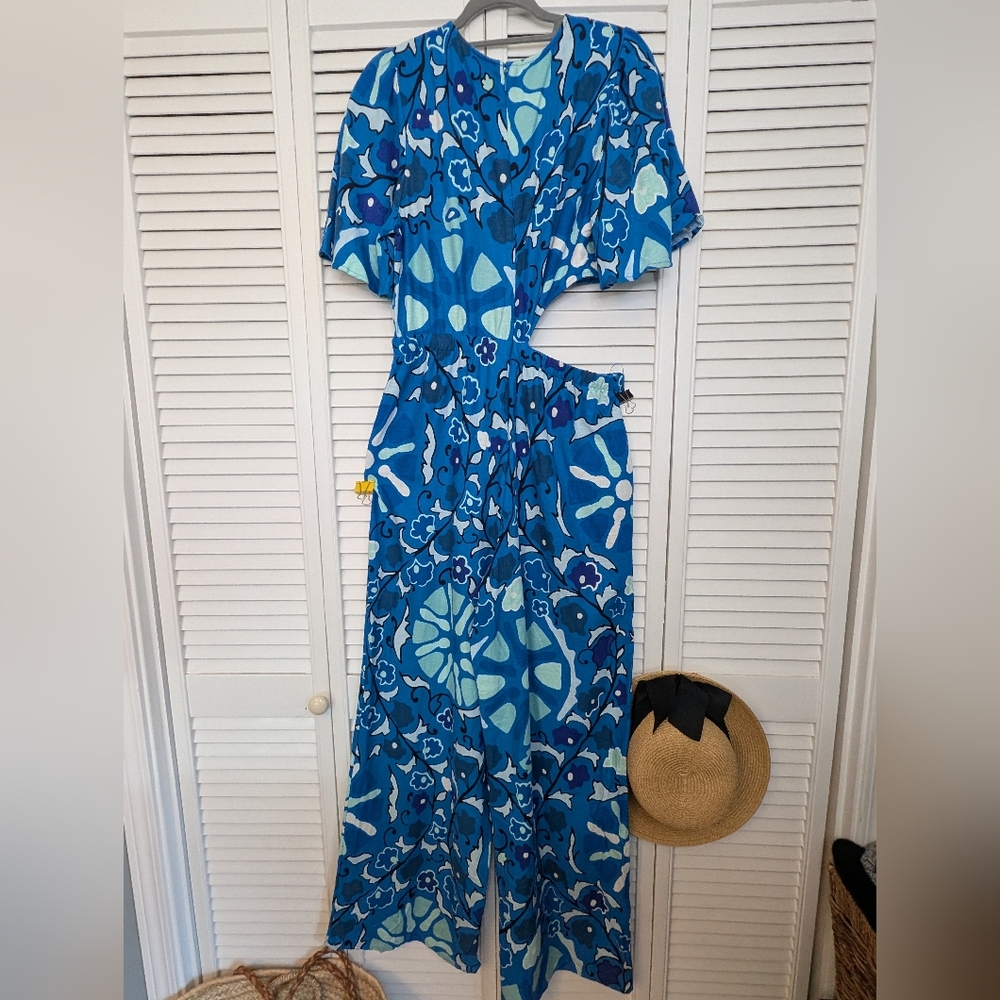 RHODE Blue & Aqua Floral Wide-Leg Jumpsuit - Picture 8 of 15